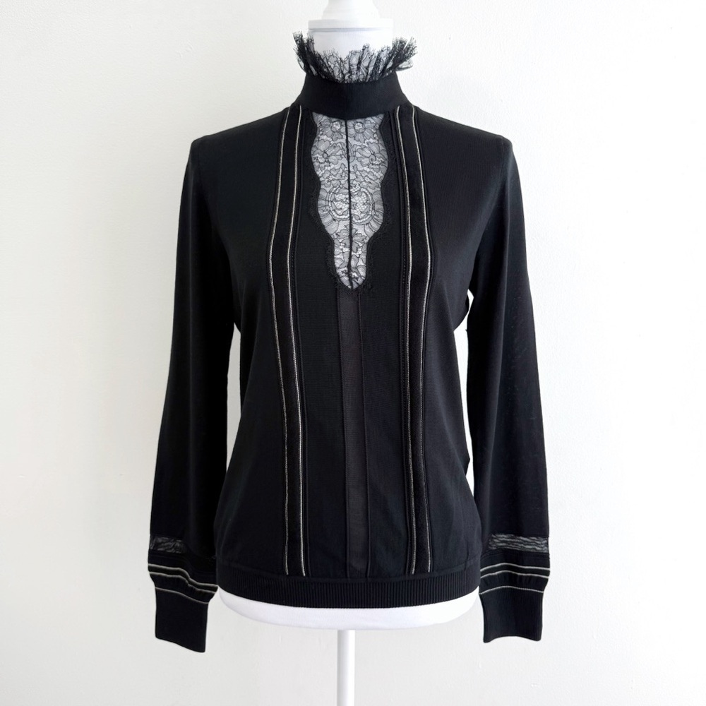 ROBERTO CAVALLI BLACK KNIT RUFFLE LACE SHEER STRIPES LONG SLEEVE BLOUSE TOP